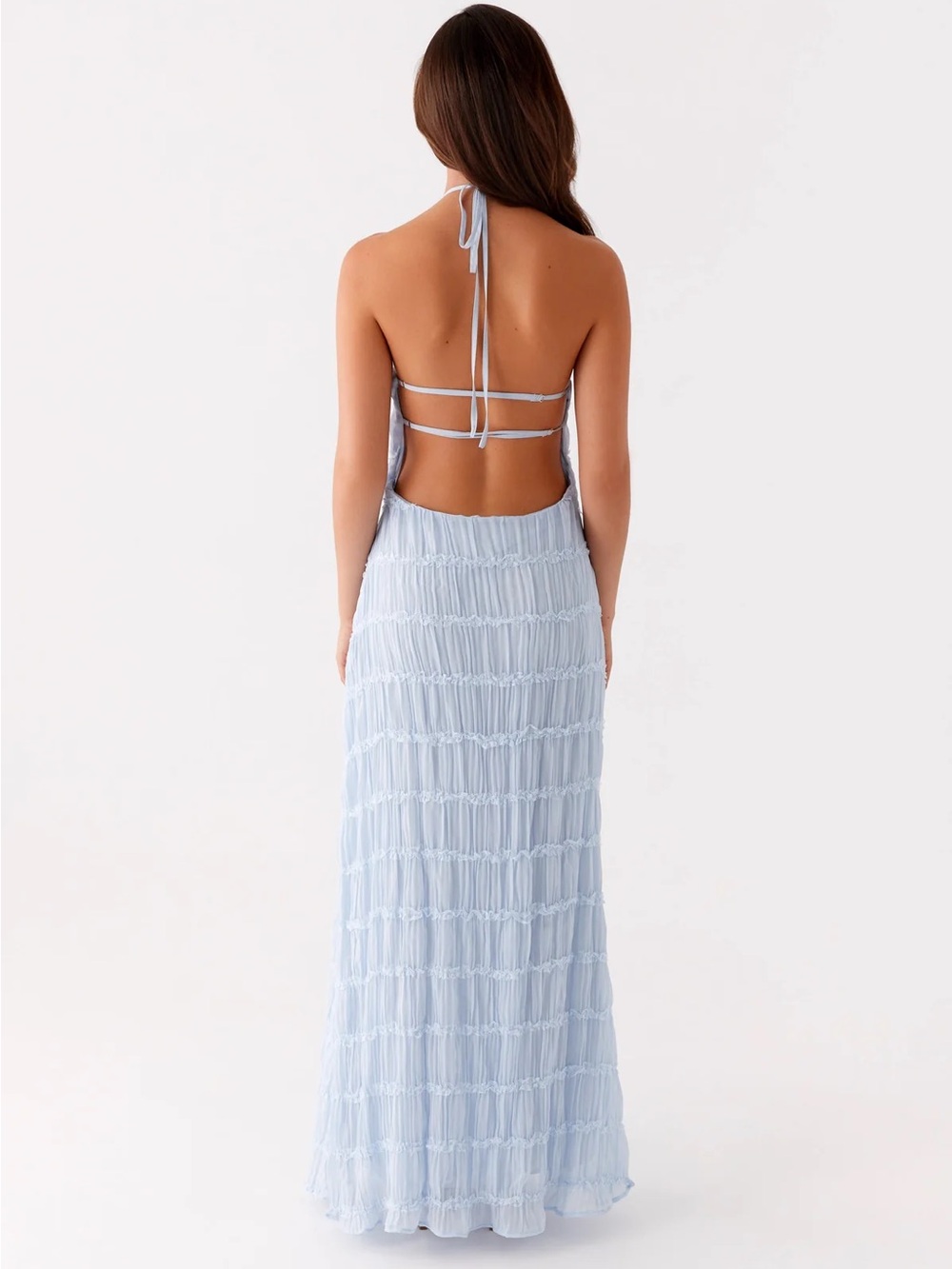 NWT Peppermayo Aullie Maxi Dress Blue Halter Lace Trim Tiered Size 8 (AU12) - Picture 3 of 7